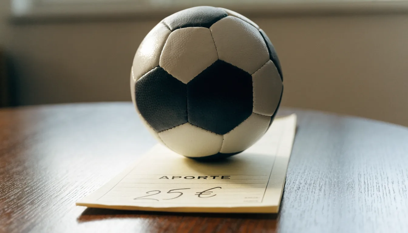 Uma bola de futebol pousada sobre um talão de apostas em branco numa mesa de madeira, à luz do dia
