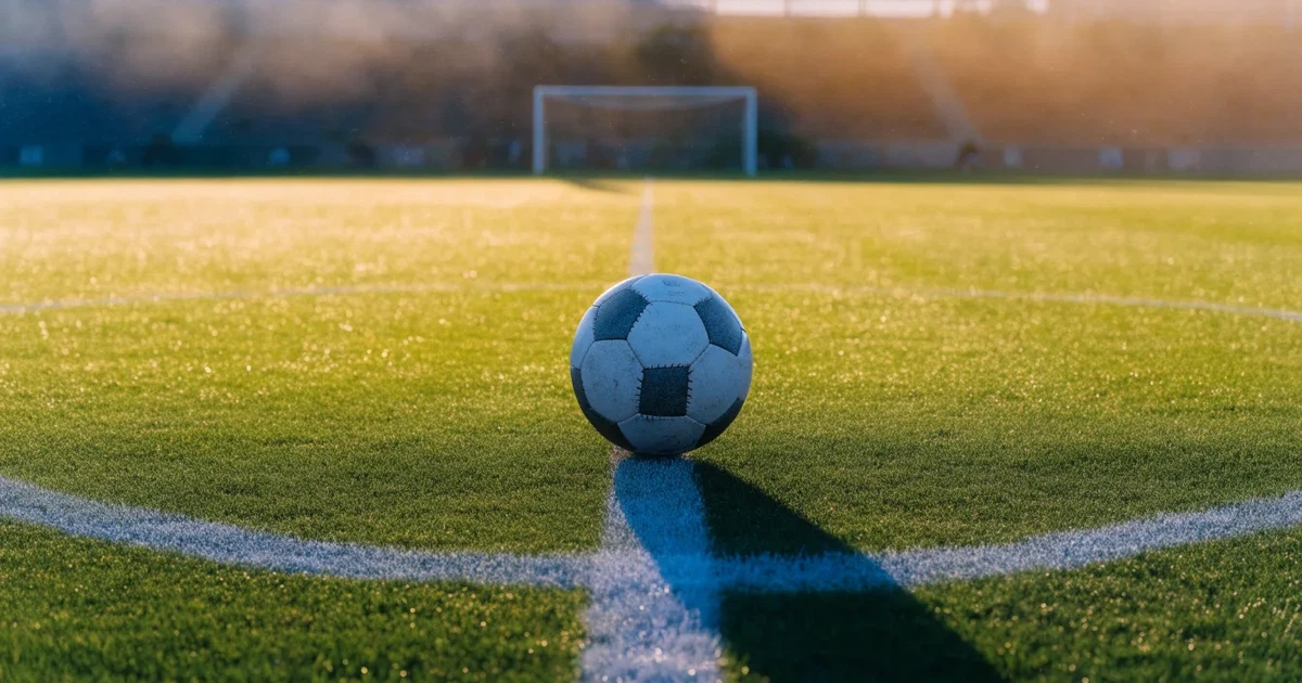 Uma bola de futebol no ponto central de um relvado, à luz da manhã
