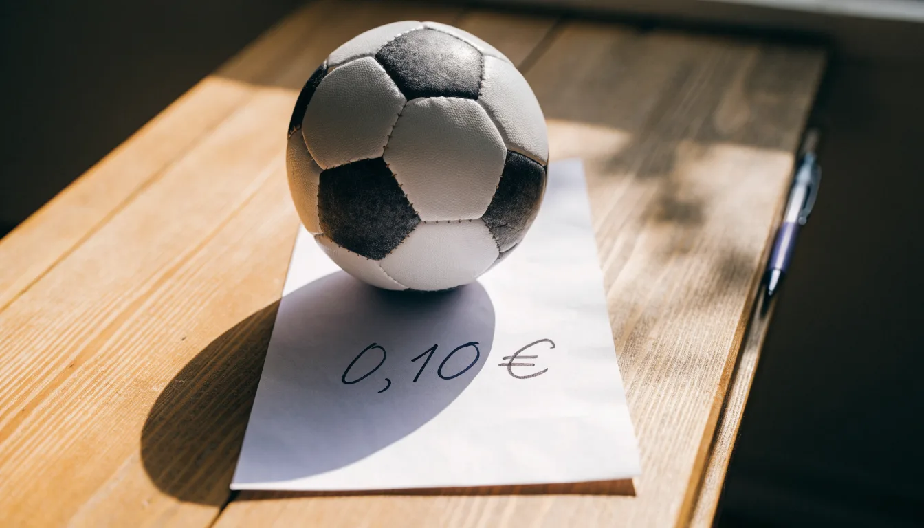 Uma bola de futebol pousada sobre um talão de apostas em branco numa mesa de madeira, à luz do dia