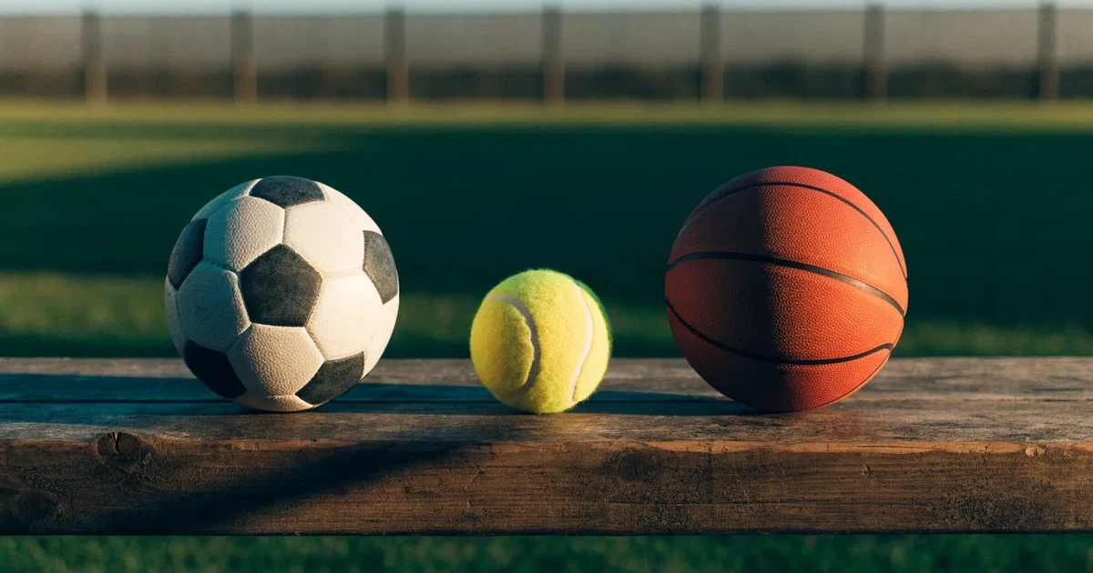 Três bolas de desportos diferentes alinhadas lado a lado num banco de madeira