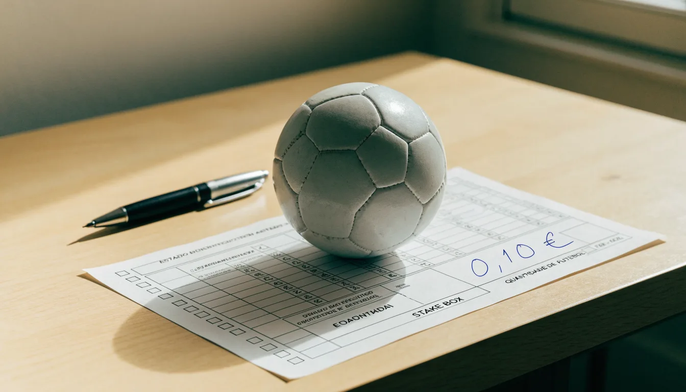 Uma bola de futebol pousada sobre um talão de apostas em branco numa mesa de madeira, à luz do dia