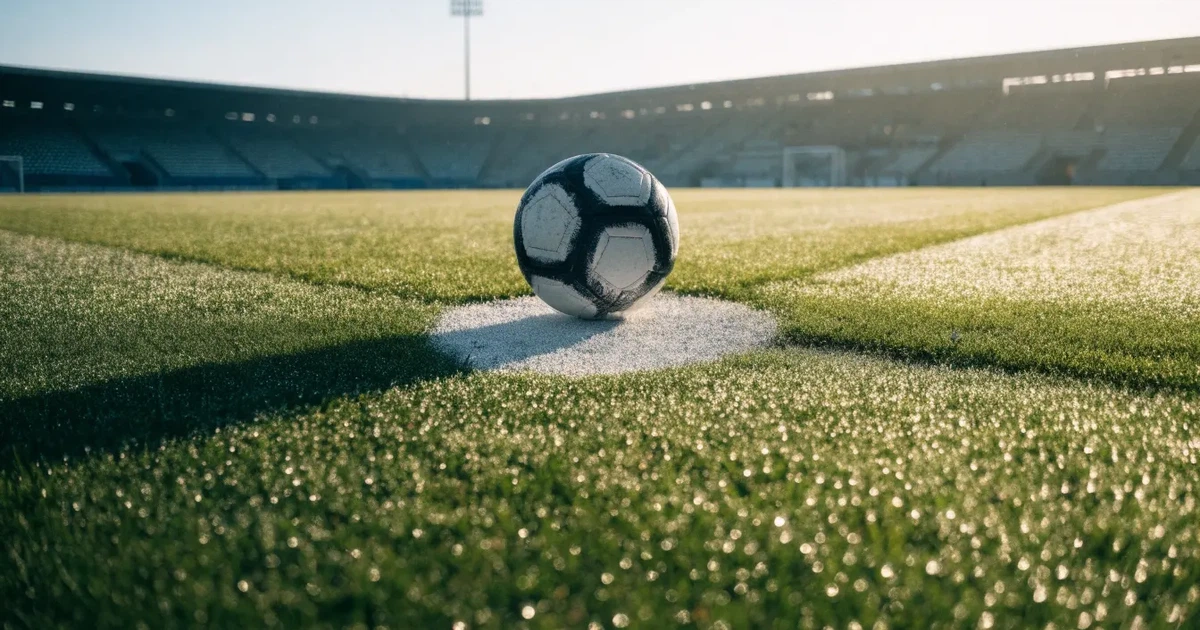 Uma bola de futebol no ponto central de um relvado, à luz da manhã