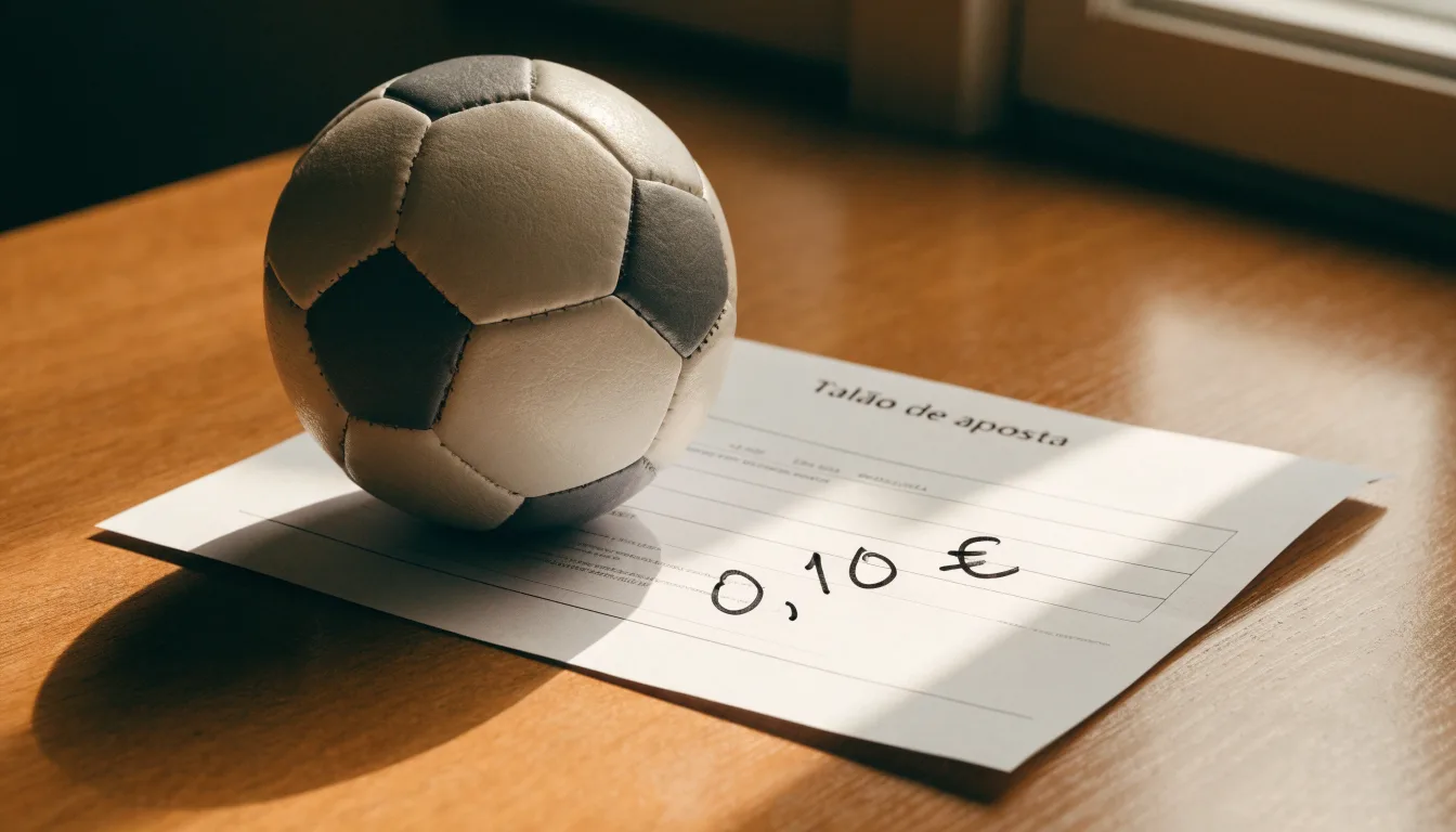 Uma bola de futebol pousada sobre um talão de apostas em branco numa mesa de madeira, à luz do dia