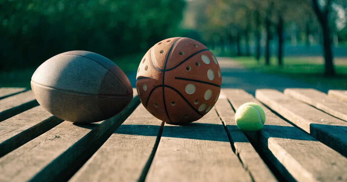 Três bolas de desportos diferentes alinhadas lado a lado num banco de madeira