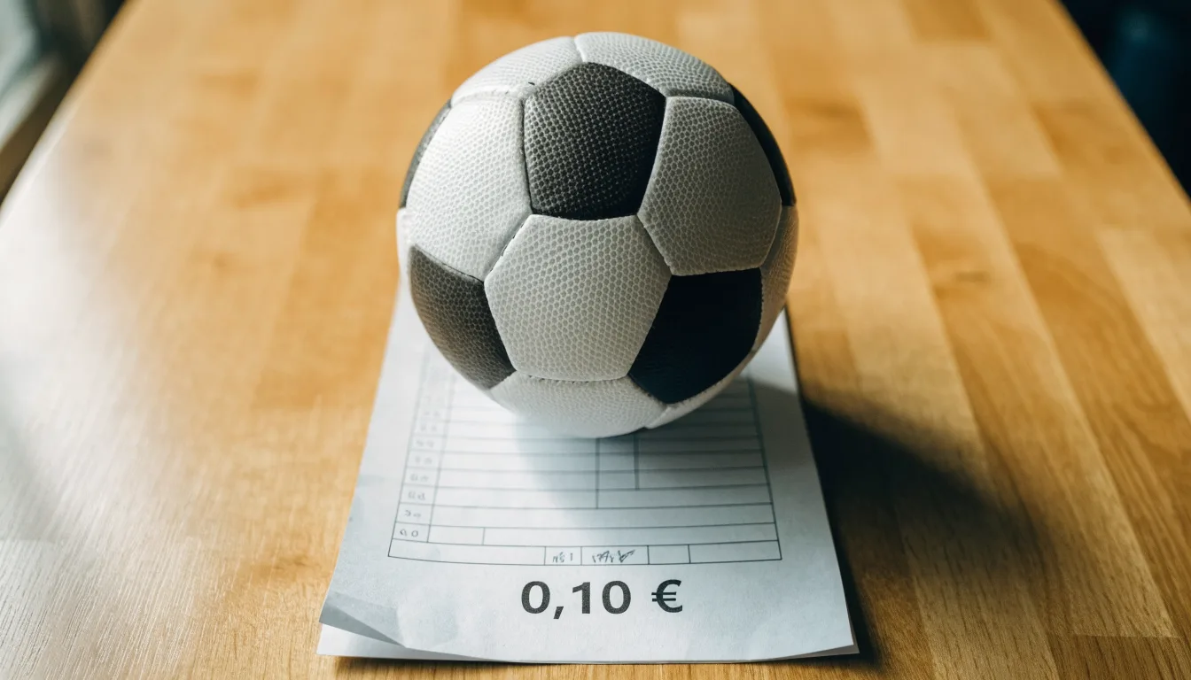 Uma bola de futebol pousada sobre um talão de apostas em branco numa mesa de madeira, à luz do dia