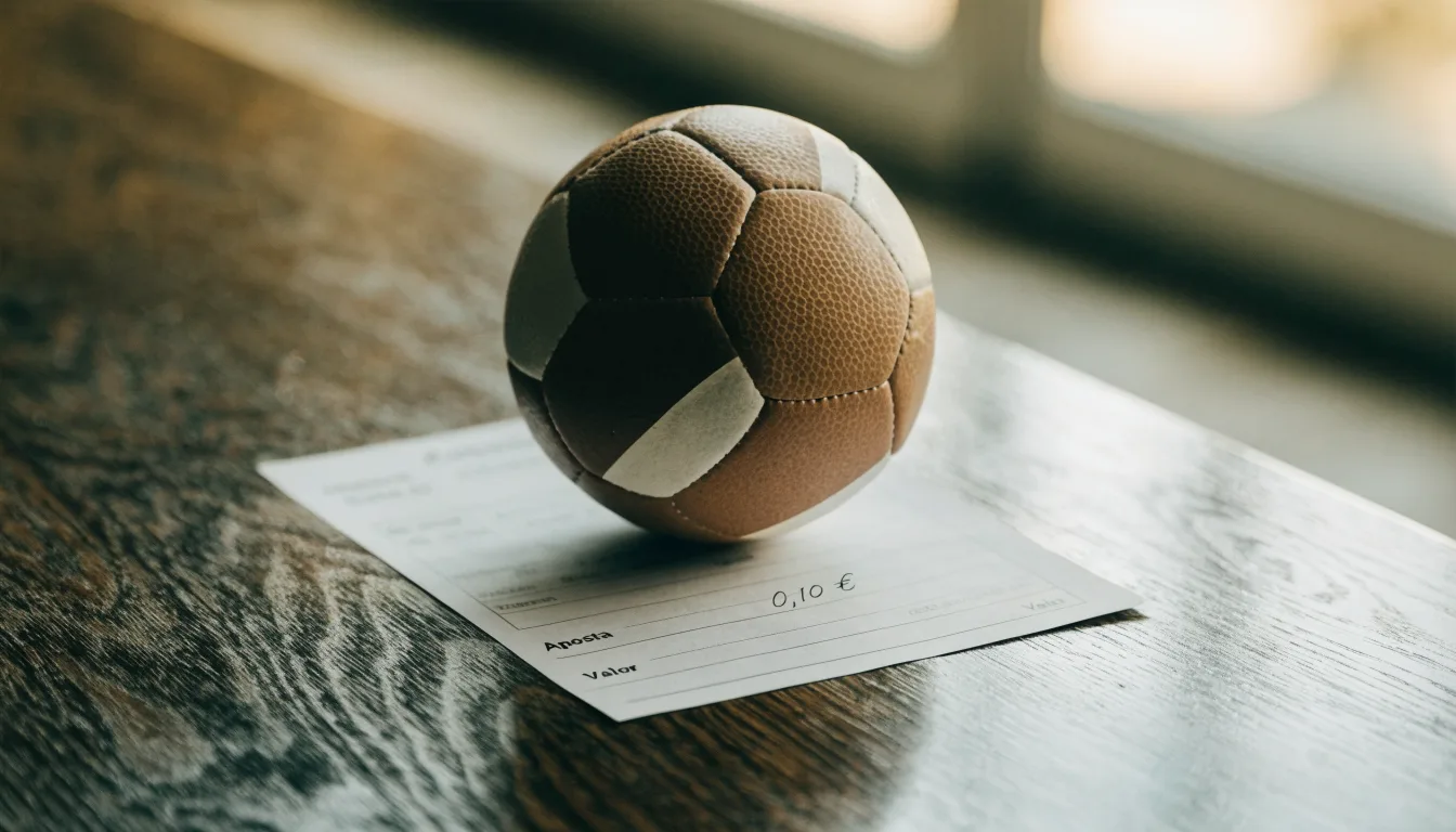 Uma bola de futebol pousada sobre um talão de apostas em branco numa mesa de madeira, à luz do dia