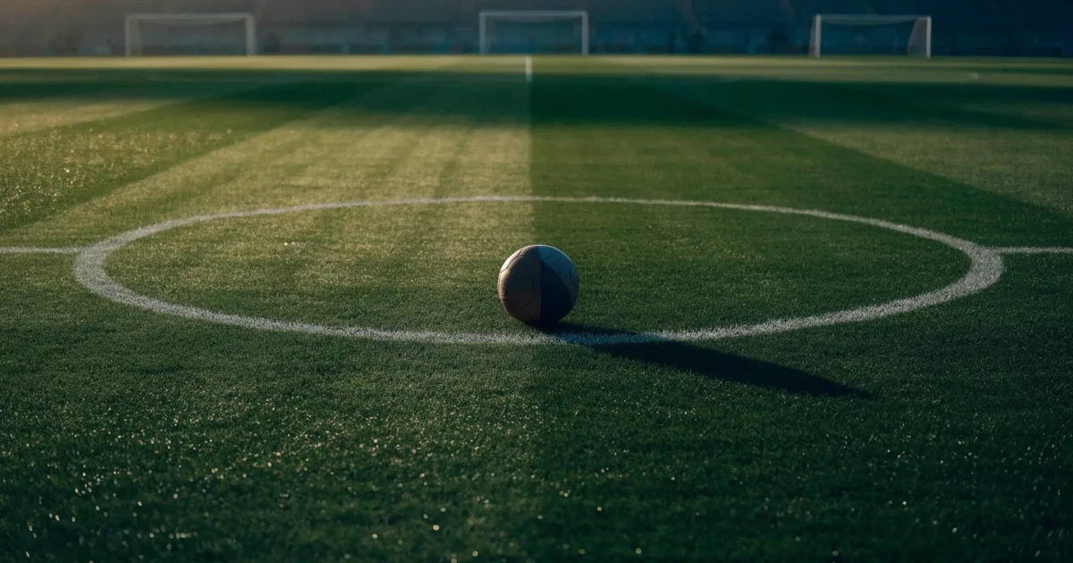 Uma bola de futebol no ponto central de um relvado, à luz da manhã