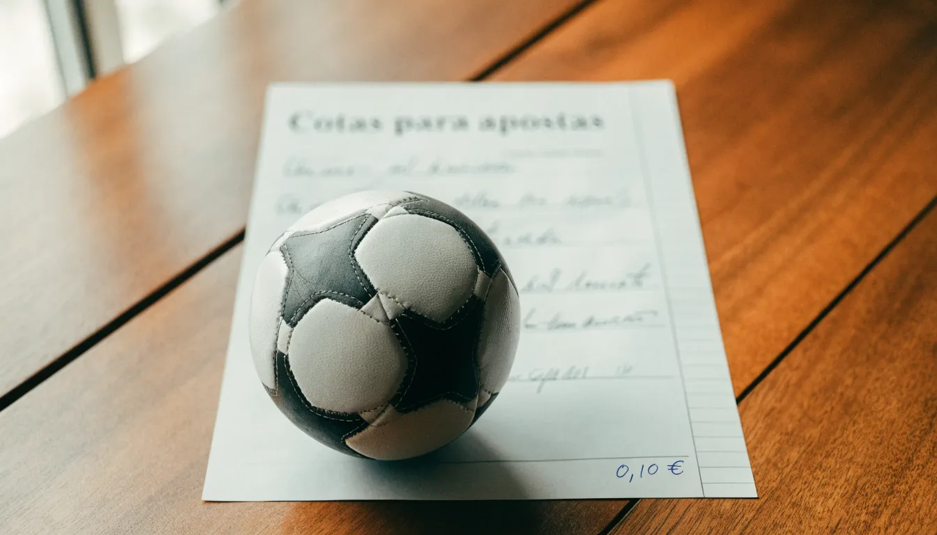 Uma bola de futebol pousada sobre um talão de apostas em branco numa mesa de madeira, à luz do dia
