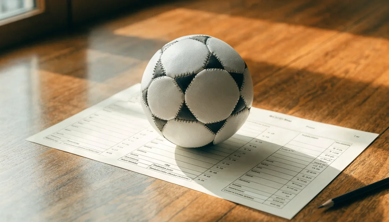 Uma bola de futebol pousada sobre um talão de apostas em branco numa mesa de madeira, à luz do dia
