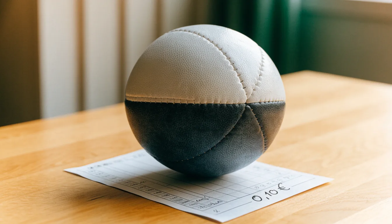 Uma bola de futebol pousada sobre um talão de apostas em branco numa mesa de madeira, à luz do dia