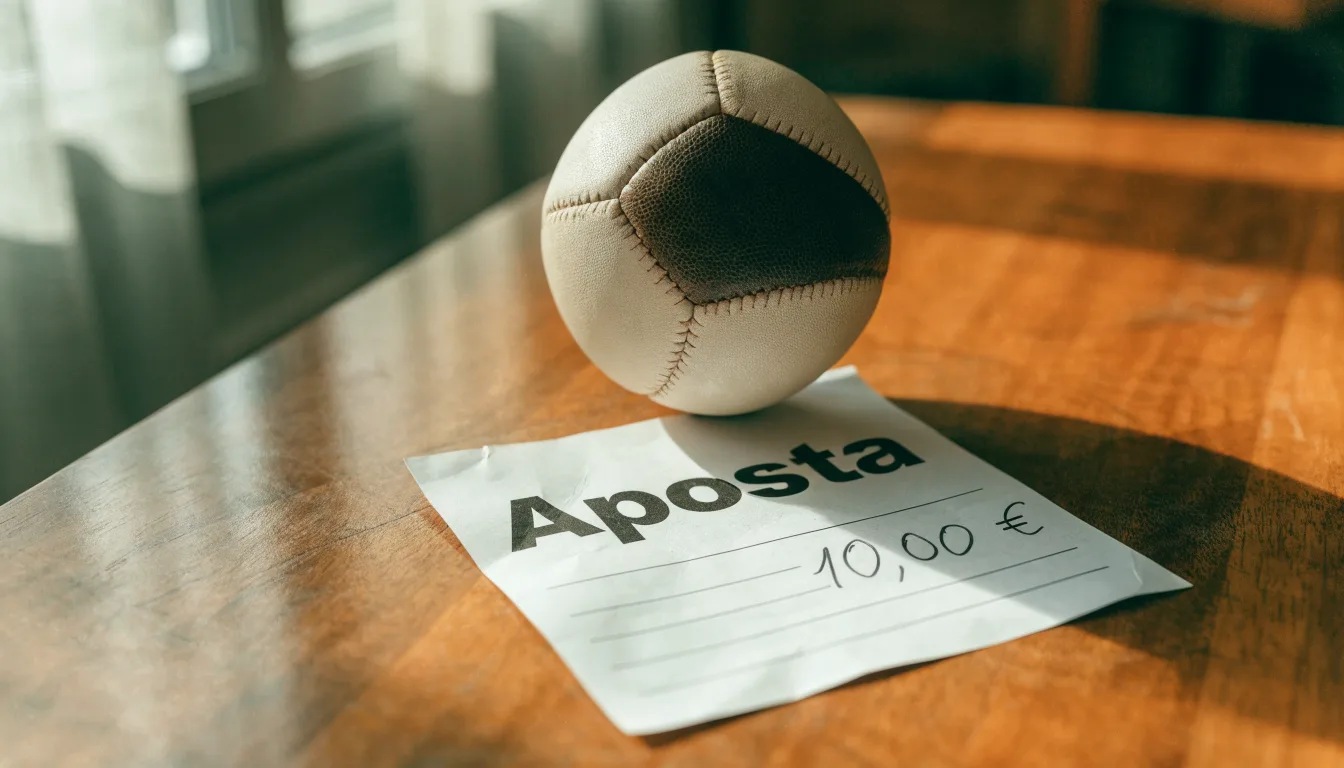 Uma bola de futebol pousada sobre um talão de apostas em branco numa mesa de madeira, à luz do dia