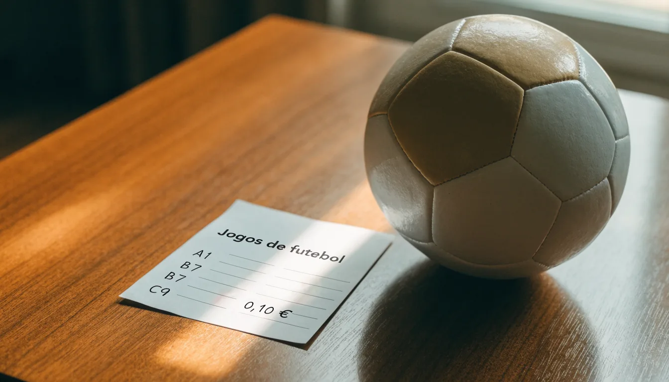 Uma bola de futebol pousada sobre um talão de apostas em branco numa mesa de madeira, à luz do dia