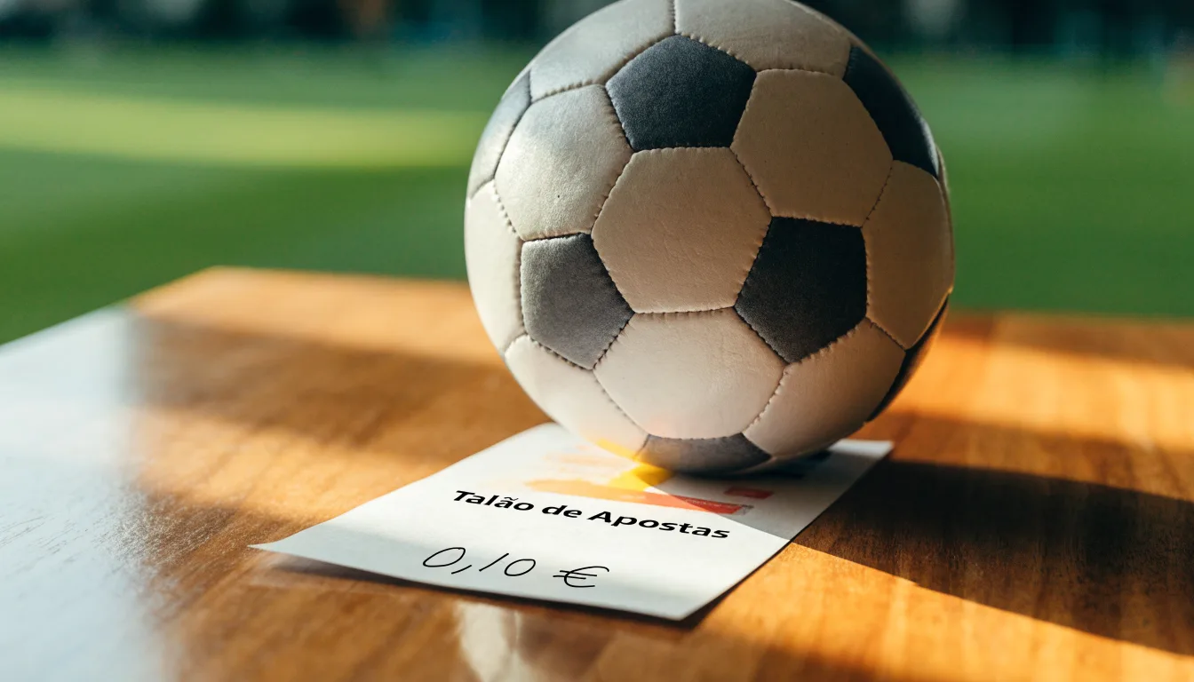 Uma bola de futebol pousada sobre um talão de apostas em branco numa mesa de madeira, à luz do dia