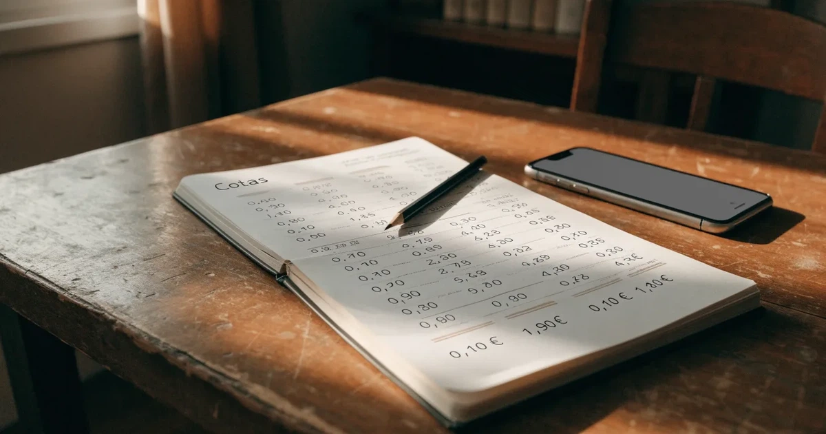 Um caderno aberto com cotas escritas à mão, uma calculadora e um lápis sobre uma mesa de madeira