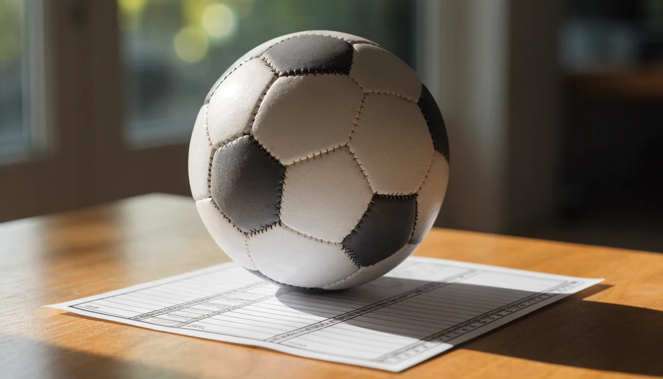 Uma bola de futebol pousada sobre um talão de apostas em branco numa mesa de madeira, à luz do dia