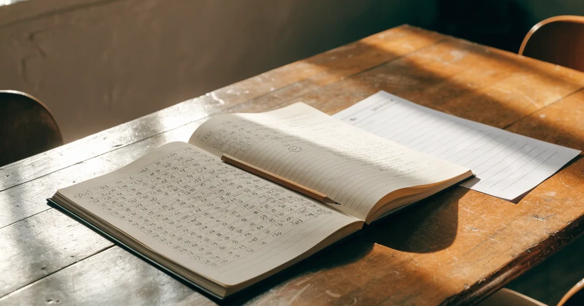 Um caderno aberto com cotas escritas à mão, uma calculadora e um lápis sobre uma mesa de madeira