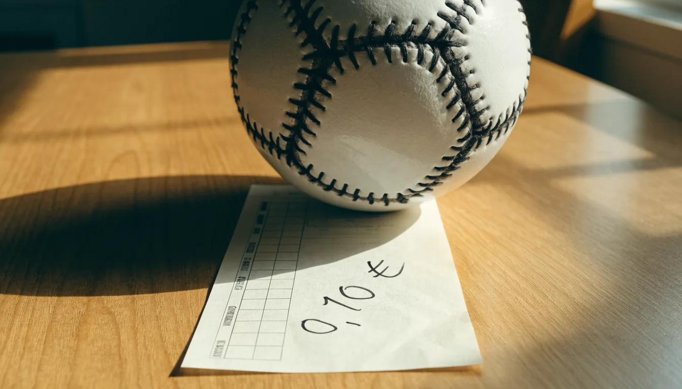 Uma bola de futebol pousada sobre um talão de apostas em branco numa mesa de madeira, à luz do dia