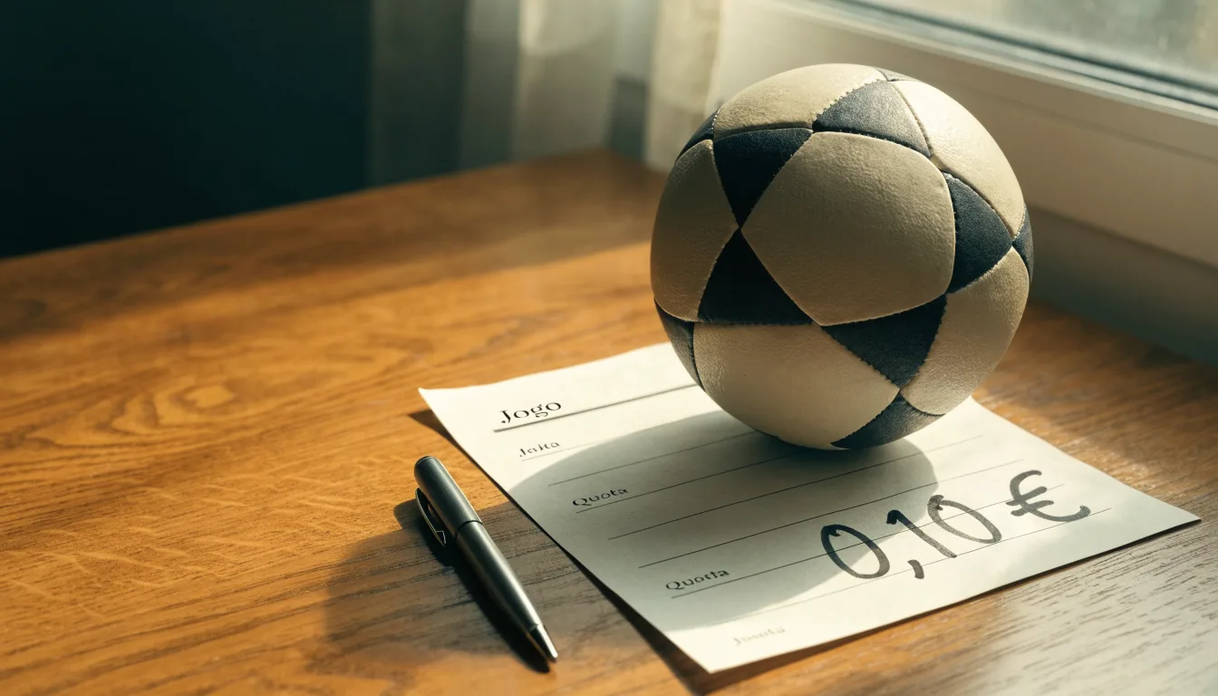 Uma bola de futebol pousada sobre um talão de apostas em branco numa mesa de madeira, à luz do dia
