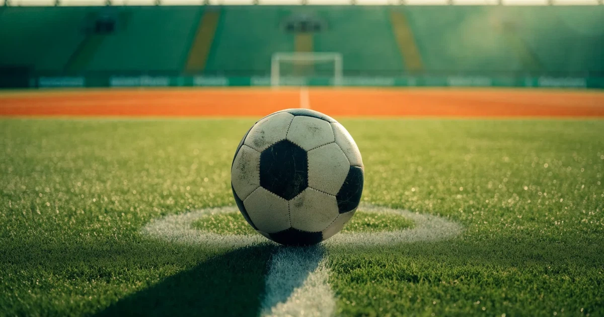 Uma bola de futebol no ponto central de um relvado, à luz da manhã