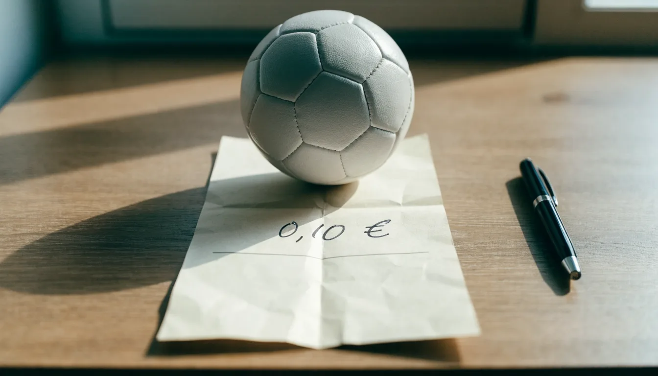 Uma bola de futebol pousada sobre um talão de apostas em branco numa mesa de madeira, à luz do dia
