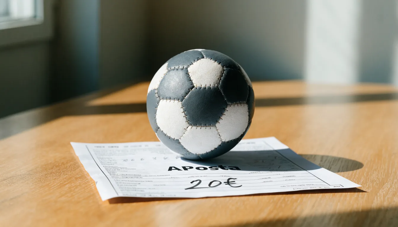 Uma bola de futebol pousada sobre um talão de apostas em branco numa mesa de madeira, à luz do dia