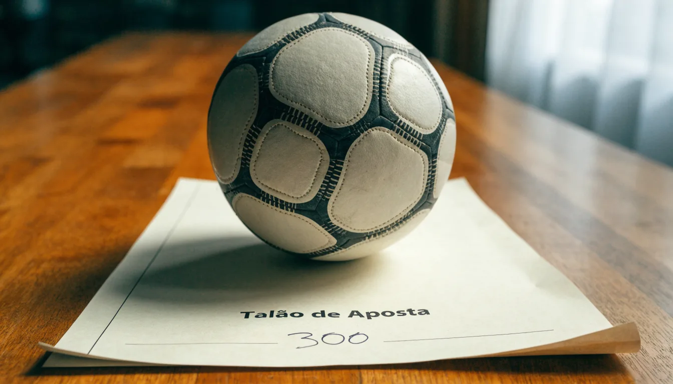 Uma bola de futebol pousada sobre um talão de apostas em branco numa mesa de madeira, à luz do dia
