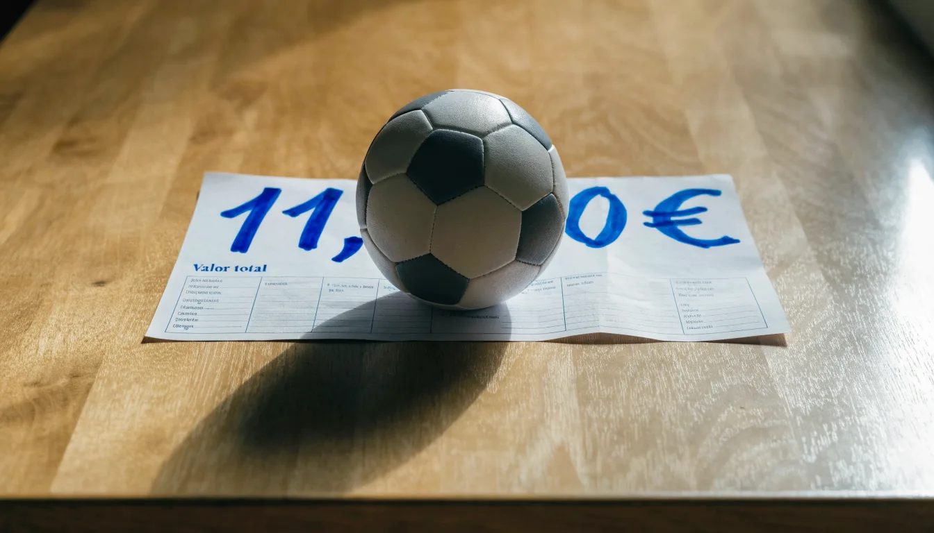 Uma bola de futebol pousada sobre um talão de apostas em branco numa mesa de madeira, à luz do dia